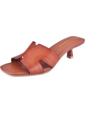 Women's Brown Kitten Heels Leather Sandals Open Toe Textured Slide Low Heeled